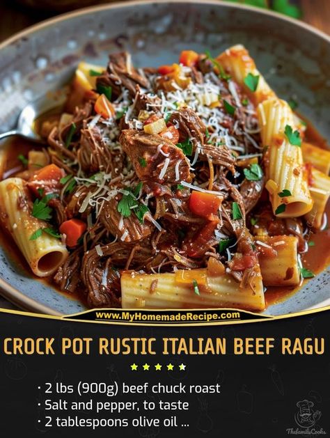 Tasty Recipes & Nutrition Tips | Crock Pot Rustic Italian Beef Ragu | Facebook Beef Ragu Pasta Recipes, Italian Beef Ragu, Beef Ragu Recipe, Beef Ragu, Italian Beef, Beef Chuck Roast, Rustic Italian, Shredded Beef, Beef Chuck