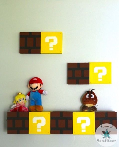 DIY Mario Shelves | Nerdy Crafts!! This is an easy DIY that is perfect for that geek or gamer in your life! Simple to make and inexpensive to make! Mario Shelves, Mario Bros Room, Mario Block, Block Shelves, Super Mario Room, Mario Crafts, Mario Room, Nerd Crafts, Super Mario Birthday