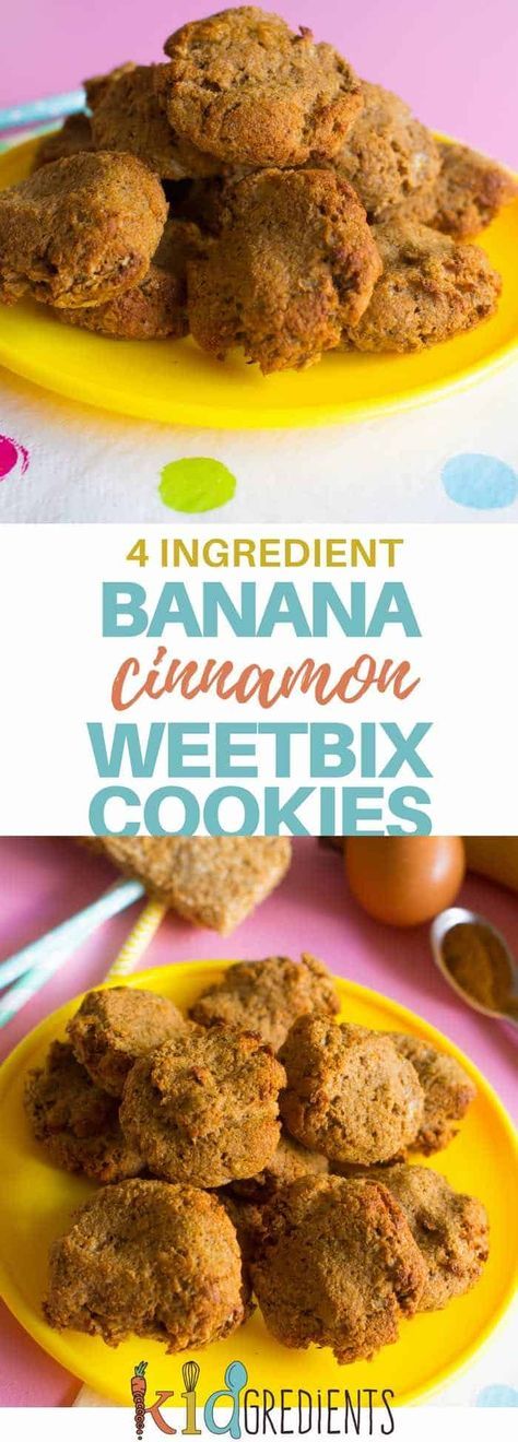 Only 4 ingredients are needed to make these easy mix and easy bake weetbix banana cinnamon cookies. Kid friendly, perfect for the lunchbox! #kidsfood #4ingredients #cookies #healthykids #weetbix #freezerfriendly via @kidgredients Weetbix Recipes, Children Recipes, Lunchbox Inspiration, Lunchbox Snacks, Cooking With Kids Easy, Clean Treats, Lunchbox Recipes, School Canteen, Baby Meals