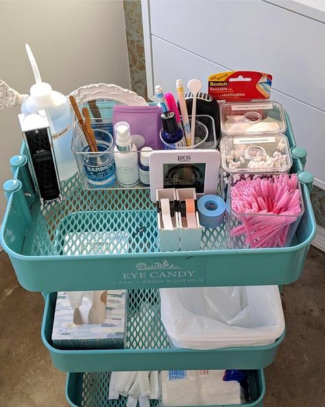 Lash Cart Setup 💕 by @eyecandy.lashboutique Eyelash Studio, Eyelash Extensions Salons, Lash Extension Glue, Home Beauty Salon, Esthetics Room, Eyelash Salon, Esthetician Room, Home Nail Salon, Eyelash Extension Supplies