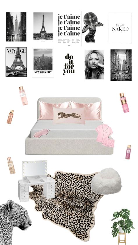 Leopard Room Ideas, Black Pink And Grey Bedroom Ideas, Pink And Leopard Bedroom, Leopard Room Ideas Bedrooms, Pink Black And White Bedroom, White Dorm Room Ideas, Black And White Dorm Room, Black And White Dorm, Leopard Room