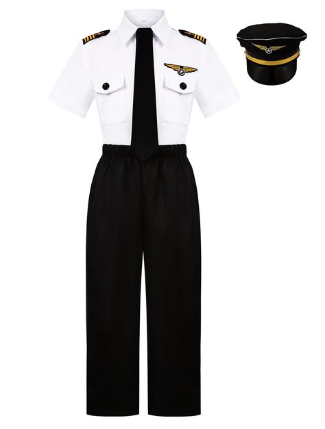 PRICES MAY VARY. Polyester Machine Wash 【Kids Pilot Costume】You’ll receive an airline pilot captain skirt, pilot trousers, pilot hat and a tie with Velcro, a full captain pilot uniform for kids dress up. 【What a Cool Pilot !】Wear the neatly pilot costume, and cool pilot hat, you’ll be a cool pilot that everyone wants to fly in your plane. 【Exquisite Details】The white pilot skirt come with amazing details: nicely embroider epaulets, sturdy buttons, two pockets on front, pilot insignia and a cool tie with Velcro firmly fasten on shirt, each detail explain how nicely this kids pilot costume is! 【Durable & Washable】Made by polyester fabric, the pilot uniform is durable, it can be weared for times until kids grown up. Machine wash is available but cold water please. If it gets wrinkles after wa Diy Pilot Costume Kids, Pilot Kostüm, Career Day Costumes, Pilot Clothes, Airline Outfit, Uniform For Kids, Pilot Outfit, Captain Costume, Pilot Costume