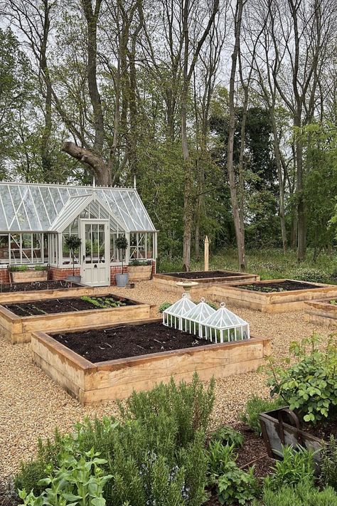 Garden Area With Greenhouse, Greenhouse Surrounded By Garden, Kitchen Garden With Greenhouse, White Green House Aesthetic, Raised Bed Garden With Greenhouse, Green House In Garden, Beautiful Green Houses, Green House Backyard, Green House Asthetics