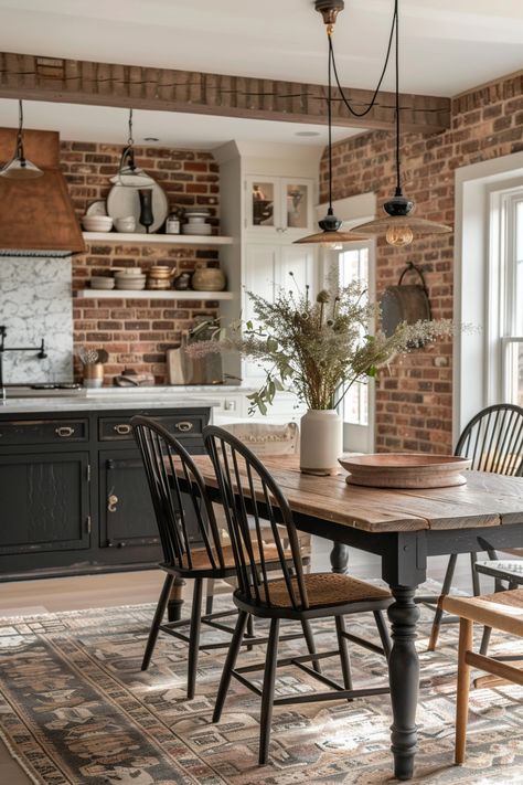 Farmhouse Kitchen Brick Tile Backsplash, Kitchen With Brick Backsplash Farmhouse, Brick Backsplash Butcher Block Counters, Painted Brick Kitchen Backsplash, Red Brick Wall Kitchen, Brick In Home, Farmhouse Kitchen Brick Wall, Brick Fireplace In Kitchen, Kitchen With Brick Accents