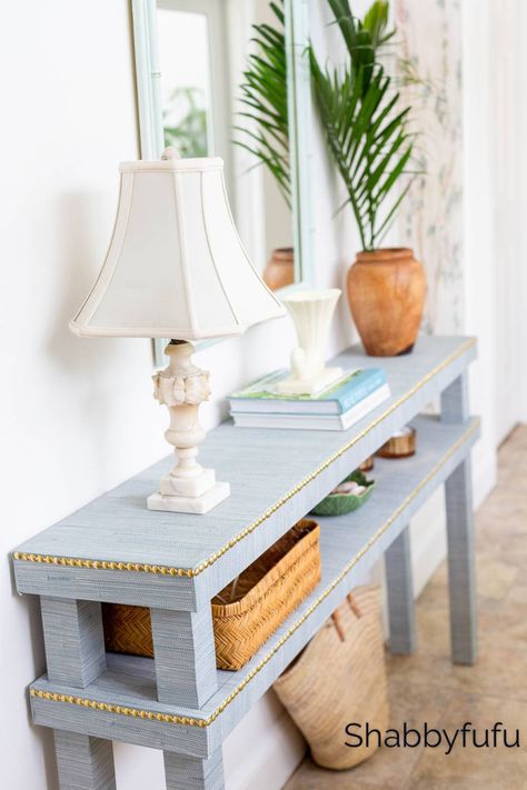 Diy Grasscloth Console Table, Grass Cloth Console Table, Funky Console Table, Grasscloth Console Table, Chinoiserie Wall Panels, Furniture Build, Diy Furniture Building, Entry Console Table, Decorative Hinges