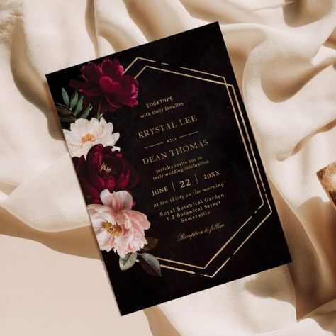 $1.98 | Moody Burgundy Blush Pink Floral Peonies Wedding #printed budget wedding invitation cards, luxe classic wedding invites envelopes, winter autumn fall spring summer, simple boho bohemian rustic, simple elegance digital file, burgundy blush pink floral peonies, dramatic moody dark decadent, realistic real life, gothic boho flowers roses, elegant timeless chic gold geometric Classic Wedding Invites, Moody Wedding Invitations, Alaskan Wedding, Peony Wedding Invitations, Peonies Wedding, Gothic Boho, Bohemian Rustic, Budget Wedding Invitations, Summer Wedding Invitations