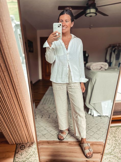 My pants are the sand color in size xs from quince. I also linked some similar ones from old navy. My button up is a few years old so I linked similar ones!

#LTKFindsUnder50 #LTKShoeCrush #LTKSeasonal Cooler Weather Outfits, Mom Style Spring, June Activities, Style Wide Leg Jeans, White Boho Tops, Simple Black Dress, Fashion Night, Style Cardigan, Comfy Fashion