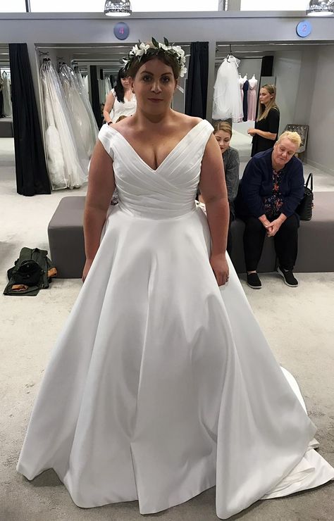 Mikado Wedding Dress Plus Size, Curvy Satin Wedding Dress, Wedding Dresses Curvy Bride Body Types, Simple Winter Wedding Dress, Busty Dresses, Satin Aline Wedding Dress, Plus Size Satin Wedding Dress, Deb Ball, Jamaican Wedding