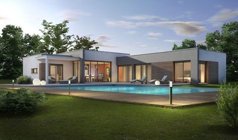 Flat Roof House, Pool House Plans, Architecture Elevation, House Floor Design, Casa Country, House Construction Plan, Sanya, Modern House Plans, House Architecture Design