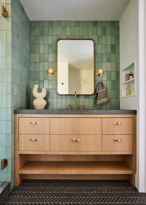 Aspen Mountain Retreat – Interior Design by Bunsa Studio Tiles Combination Bathroom, Tiles Combination, Green Bathroom Tiles, Bathroom Tiles Combination, Bathroom Tiles Design Ideas, Bathroom Tiles Design, Types Of Green, Green Subway Tile, Green Tile Bathroom