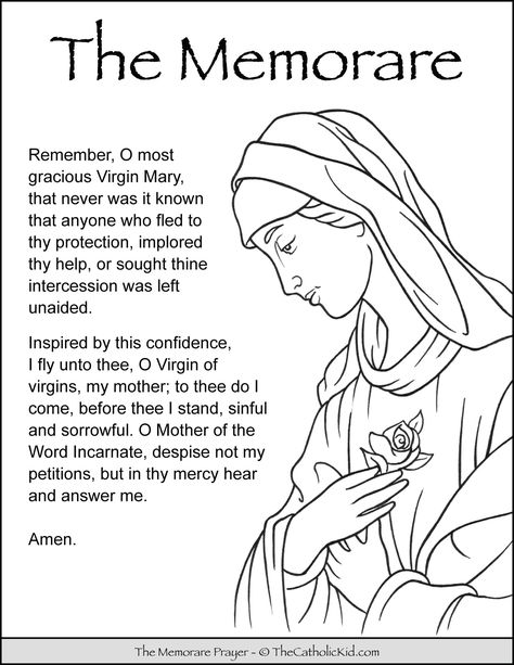 Memorare Prayer Coloring Page - TheCatholicKid.com The Memorare Prayer, Memorare Prayer Virgin Mary, Anglican Prayers, Memorare Prayer, Rosary Prayers Catholic, Hail Holy Queen, Catholic Beliefs, Catholic Education, Bedtime Prayer