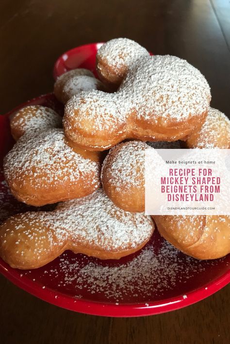 Mickey Mouse Beignets, Beignet Recipe Disney, Disney Beignets Recipe, Disneyland Cookie Recipe, Mickey Mouse Shaped Cake, Easy Disney Recipes, Disney Treats Recipes, Beignet Disney, Disneyland Snickerdoodles