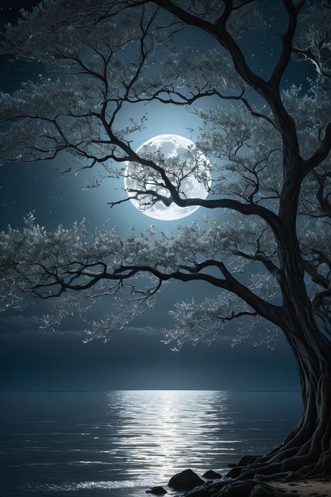 Tree And Moon Drawing, शुभ रात्री, Art Homework, Moon Forest, Night Scenes, Forest Moon, Scenery Nature, Bookmarks Printable, Night Scene