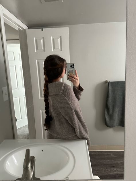 Long Hair, Brown Hair, Braid, Hair Inspo Low French Braid, Braid Selfie, Hair French, French Girl Aesthetic, Loose Braids, Mirror Pic, French Braid, Dark Brown Hair, Loose Hairstyles