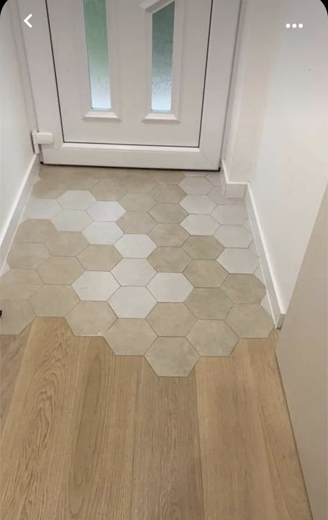 Unique Flooring Ideas, Tile To Wood Transition, Minwax Stain Colors, Honeycomb Tile, Transition Flooring, Entryway Flooring, Minwax Stain, Kitchen Room Design, Wood Stain