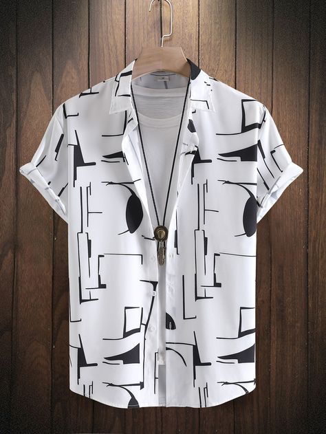 White Casual Collar Short Sleeve Fabric Graphic,Random Print Shirt Embellished Non-Stretch Summer Men Tops