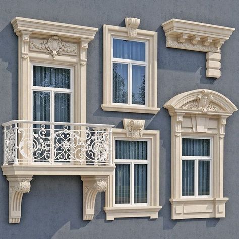 Windows Decoration Ideas, Furniture Design Luxury, Windows Style, Wooden Window Design, Luxury Living Room Furniture, House Front Door Design, House Window Design, Cornice Design, Classic House Exterior