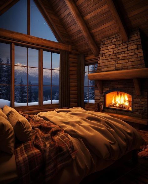 Luxury Cabin Bedroom, Canadian Cabin, Cozy Cabin Bedrooms, Moving Aesthetic, Log Cabin Bedroom, Bedroom With Fireplace, Retreat Cabin, Cabin Room, Cabin Fireplace