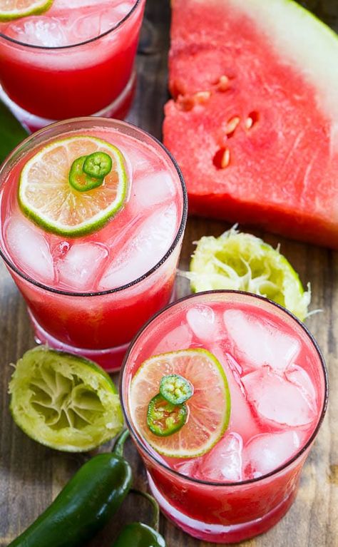 Spicy Watermelon, Liquid Sunshine, Watermelon Margarita, Spicy Margarita, Margarita Recipes, Summer Cocktails, Party Drinks, Frappe, Sweet And Spicy