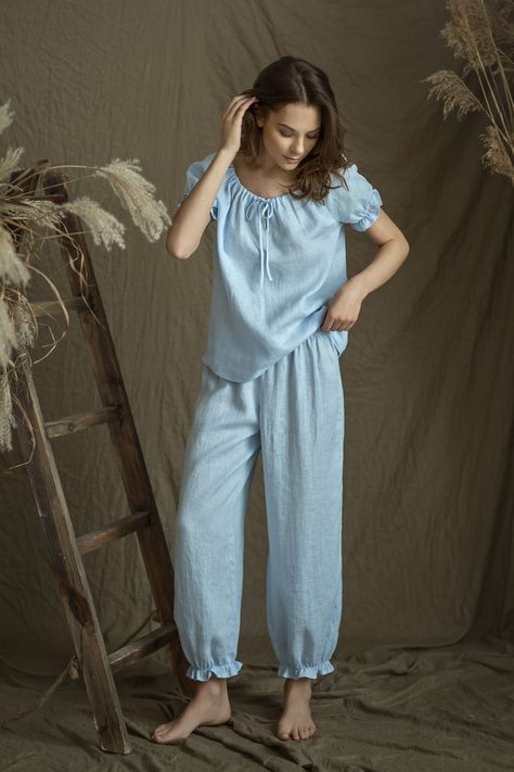 "Our new bohemian look pajama - just for your beauty. So cute and feminine look - the ruffles on sleeves and pants create the lightness and softness. Pajama top  drawstringed at neck line and at bottom, reglan short sleeves. Delicate white linen tape decorates short sleeves bottom and front center line. This youthful, beautiful and simple style - for your good and comfy sleep. Top center back length - 38cm ( 15\"). Pajama bottoms - loose bloomers - gathered with narrow elastic at bottom and with Puff Sleeve Pajamas, Loose Pajama Outfit, 3 Piece Night Wear For Women, Bohemian Pajamas, Fantasy Pajamas, Sleep Wear For Women Nightwear, Feminine Pajamas, Linen Nightwear, Feminine Sleepwear