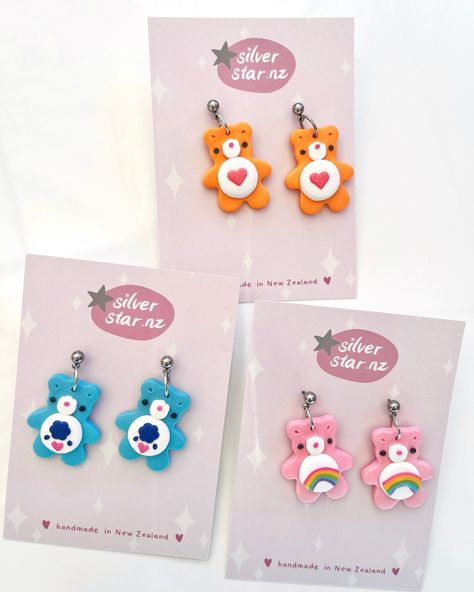 Care Bear Clay Art, Care Bears Jewelry, Sailor Moon Clay Earrings, Care Bear Accessories, Care Bears Earrings, Bear Earing, Bear Polymer Clay, Nostalgic Toys, Funky Design