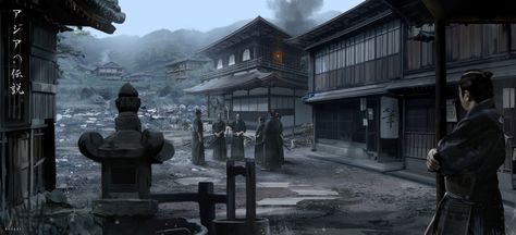 David Benzal, Samurai Village, Buildings Artwork, Minimal Color Palette, Town Art, Japanese Town, Japanese Village, Iron Sights, Japan History