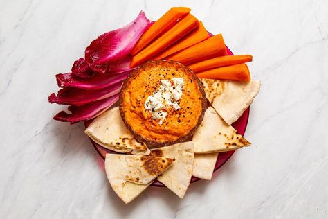 Roasted Red Pepper Feta Dip — FOOD & WINE Easy Whipped Feta, Red Pepper Feta Dip, Marinated Watermelon, Dip Food, Spiced Zucchini, Red Pepper Dip, Marinated Cucumbers, Zucchini Chips Baked, Feta Dip