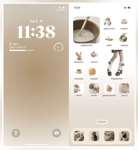 Beige Iphone Theme Ideas, Soft Homescreen Ideas, Custom Home Screen Ideas, Beige Wallpaper Layout, Ios Theme Brown, Minimalist Iphone Layout Beige, Widget Ideas Brown, Brown Ios 16 Homescreen, Iphone Layout Beige