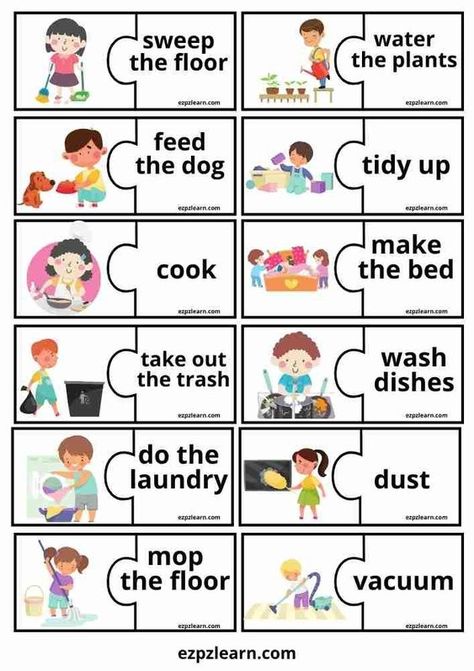 More fun with your teaching with Free Printable Puzzle Match English Game with topic Chores worksheets for ESL teachers using for kindergarten, preschool and so on you can either download or print directly from our website. English Materials Teaching, English Games For Kindergarten, Teaching English To Kids Kindergartens, Kindergarten Learning Activities Free Printable, English Games For Kids Teaching, How To Teach English To Kids, English Games Teaching, Learn English For Kids Teaching Ideas, English Activities For Kids Kindergarten