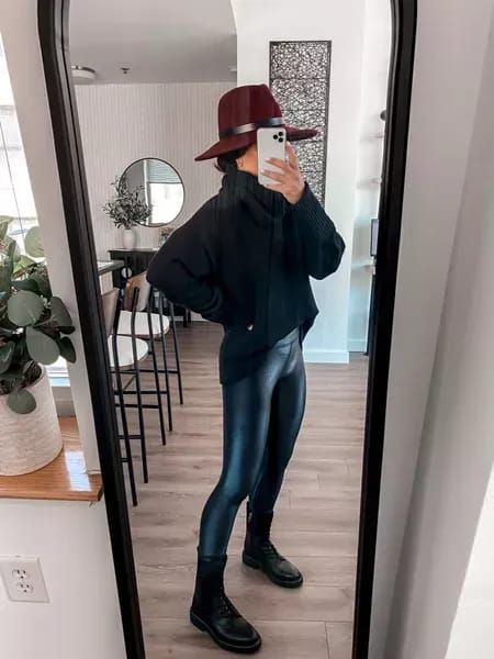 Fall outfit idea, black sweater and boots with this gorgeous burgundy hat Burgundy Fedora Hat Outfit Fall, Burgundy Hat Outfit Winter, Maroon Hat Outfit Fall, Burgundy Hat Outfit Fall, Brown Fedora Hat Outfit Fall, Maroon Hat Outfit, Burgundy Fedora Hat Outfit, Black Wide Brim Hat Outfit, Burgundy Hat Outfit