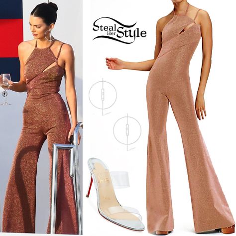 Kendall Jenner Clothes & Outfits | Steal Her Style Steal Her Style Kendall Jenner, Kendall Jenner Steal Her Style, Kendall Jenner Jumpsuit, Kendall Jenner Clothes, Metallic Jumpsuit, Kim K Style, Kendall Style, Steal Her Style, Cool Girl Style