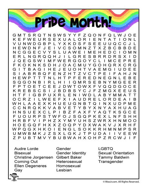 Pride Month Word Search Worksheet | Woo! Jr. Kids Activities : Children's Publishing Pride Month Office Ideas, Lgbtq Club Activities, Things To Do For Pride Month, Pride Month School Activities, Gsa Club Activities, Lgbtq Worksheets, Pride Celebration Ideas At Work, Pride Month Activities For Teens, Pride Party Games