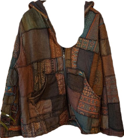 "Stunning patchwork jacket made with 100% recycled cotton outer, and 100% recycled fleece inner. Thick and cozy! Hooded with a zipper and outer pockets. Each is one-of-a-kind and will not be the exact jacket in the photos, but will be very close in color!   Fits XS-XXL Bust- 48\" Waist- 47\" Length - 29\"" Hippie Mens Outfits, Whimsigoth Jacket, Patchwork Outfit, Grunge Jacket, Silly Clothes, Unusual Clothes, Color Fits, Earthy Outfits, Future Clothes