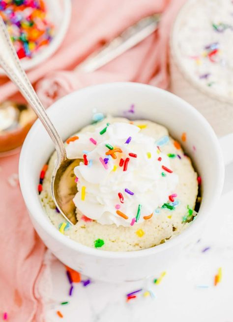 The Easiest Funfetti Mug Cake | Table for Two White Mug Cake, Moist Chocolate Mug Cake, Funfetti Mug Cake, Cake Microwave, Dessert In A Mug, Chocolate Chip Mug Cake, Easy Mug Cake, Chip Mug, Vanilla Mug Cakes