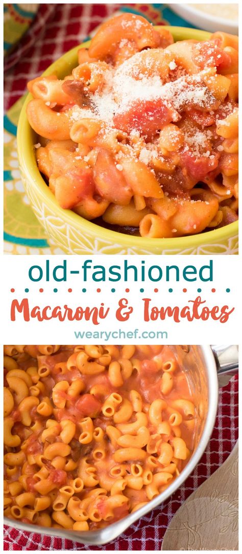 Old Fashioned macaroni and tomatoes is a delightfully quick side dish that could have come from your grandmother's kitchen! It's flavored with bacon, made in one pot, and ready in about 15 minutes! Macaroni And Tomatoes, Dining Plan, Macaroni Recipes, Quick Side Dishes, Skillet Dishes, Perfect Pasta, Macaroni Cheese, Easy Weeknight, Tomato Recipes