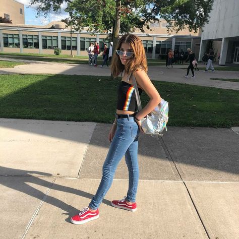 °Crop top with rainbows ~Rainbow °Light/medium blue jeans~ aeropostal ° old school vans~journeys °holographic bag~Wal-Mart Holographic Bag, Old School Vans, 90s Inspired Outfits, Wal Mart, Rainbow Light, 90s Inspired, Medium Blue, Blue Jeans, Old School