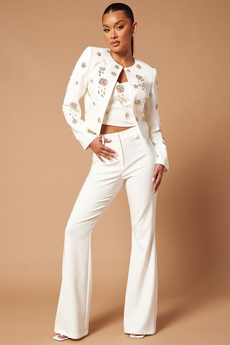 Available In White. Embellished Blazer Long Sleeve w/ Shoulder Pads Cropped Cami Top Adjustable Spaghetti Straps V-Neck line Back Zipper Lined Flare Leg Pant Front Closure Stretch Shell: 95% Polyester 5% Spandex Lining: 92% Polyester 8% Spandex Imported | Caroline Embellished Blazer Set in White size XL by Fashion Nova Graduation Suits For Women, Embellished Blazer, Graduation Suits, Women Suits Wedding, Spring Trends Outfits, Statement Outfit, Business Casual Outfits For Women, Work Suits, Woman Suit Fashion