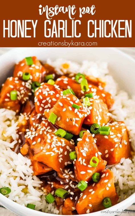 With just a few simple ingredients and an Instant Pot, you can make this delicious HONEY GARLIC CHICKEN in no time. It's a healthy and flavorful meal that everyone will love. #honeygarlicchicken #instantpotchicken -from Creations by Kara Honey Garlic Chicken Instapot, Instapot Honey Garlic Chicken Recipes, Honey Garlic Chicken Thighs Instant Pot, Chicken Instant Pot Recipes Simple, Honey Garlic Chicken Instant Pot, Instant Pot Honey Chicken, Casseroles Dinners, Instant Pot Honey Garlic Chicken, Chicken Instapot