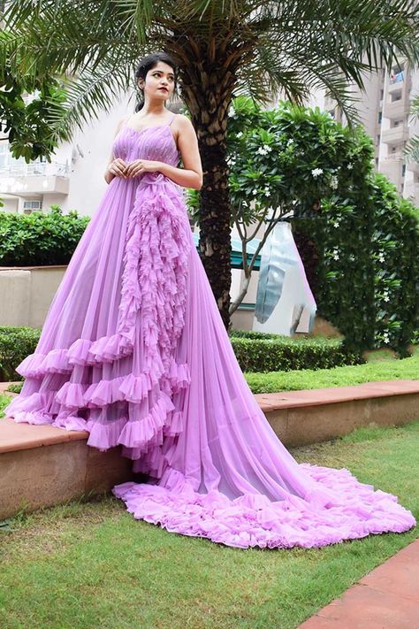 Lavender Gowns, Net Gown Designs, Indian Long Gowns, Princess Frocks, Lavender Gown, Layered Gown, Net Gowns, Kurti For Women, Long Frock Designs