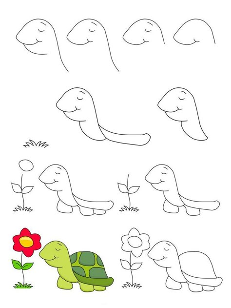 Cute Turtle Drawings, Easy Animal Drawings, Pencil Drawings For Beginners, Easy Art For Kids, Turtle Drawing, Drawing Lessons For Kids, Drawing Lesson, Pottery Painting Designs, Easy Drawings For Kids