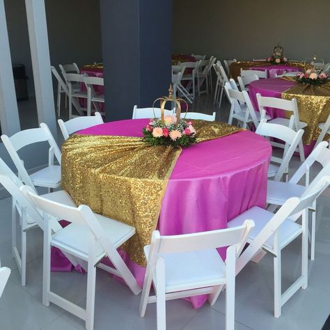 Princess Birthday Table Decorations, Tablecloth Ideas Party, Crown Decorations Party, Crown Table Decor, Table Cloth Ideas Party, Pink And Gold Centerpieces Birthday, Pink And Gold Table Decorations, Crown Centerpieces Table Decorations, Princess Table Decorations