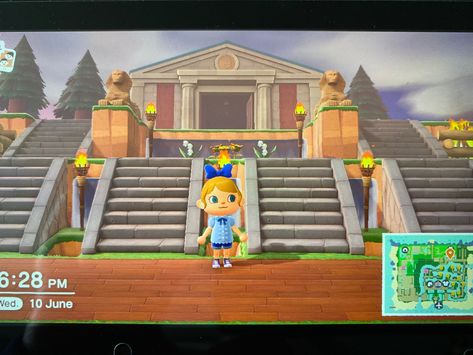 Animal Crossing Museum, Entrance Idea, Museum Entrance, Acnh Ideas, Acnh Inspo, New Animal Crossing, Video Gaming, Island Ideas, Island Design