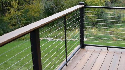 Best Cable Railing System With A Drink Rail Deck Upgrades, Wire Deck Railing, Metal Deck Railing, Patio Decks, Cable Railing Deck, Stair Rails, Patio Railing, Deck Railing Design, Cable Railing Systems