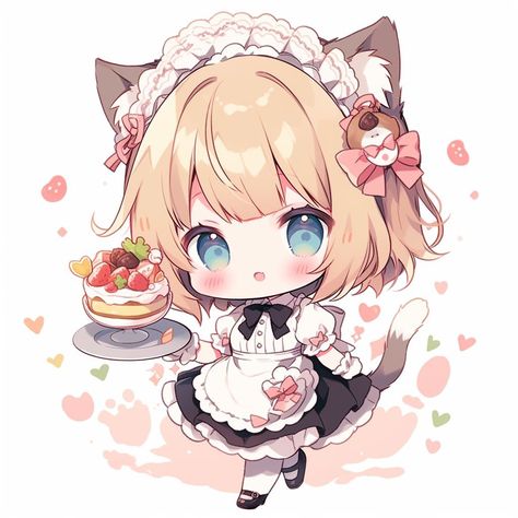 Chibi cute girl cat with maid uniform Chibi Maid Outfit, Chibi With Cat, Cat Maid Anime, Pose Reference Chibi, Chibi Pngtuber, Chibi Ninja, Girl Chibi, Chibi Cat, Chibi Art