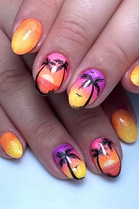 Indulge in the captivating hues of a stunning sunset with these mesmerizing sunset gradient nails. The perfect blend of warm oranges, vibrant pinks, and soft purples, this nail art is sure to elevate your manicure game to new heights. #nailinspiration #sunsetnails Gradiant Nails, Vacation Nails Beach, Plaid Nail Designs, Cruise Nails, Sunset Nails, Sunset Gradient, Makeup Nails Designs, Fun Nail Colors, Summer Nail Designs