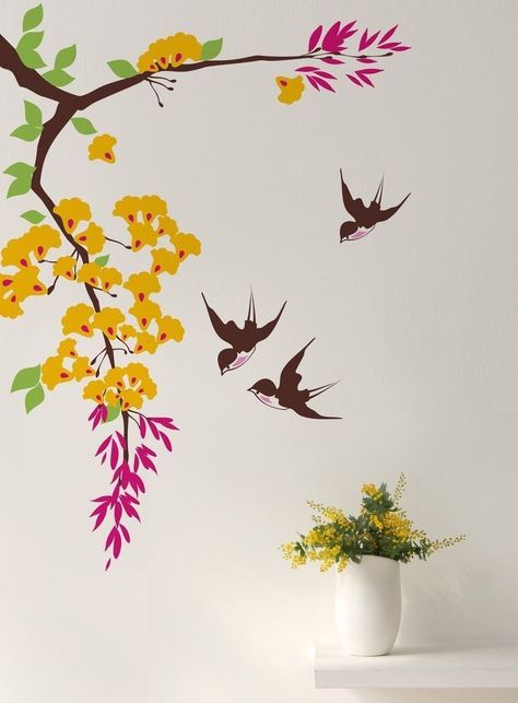 wall paint ideas, wall painting ideas creative, wall paint, wall paintings wall paint patterns Bubbles Paint, Wall Paint Ideas, Wall Painting Ideas Creative, Tree Wall Painting, Simple Wall Paintings, Flowers Branch, Flying Swallow, Wall Paint Patterns, Wall Painting Ideas