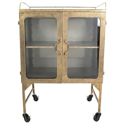 Creative Co-Op Vintage Metal Bar Cabinet with Glass Doors and Wheels, Antique Brass Cabinet With Glass Doors, Mug Display, Metal Storage Cabinets, Office Supply Organization, Caster Wheels, Metal Cabinet, Glass Cabinet Doors, Leather Bar, Accent Doors