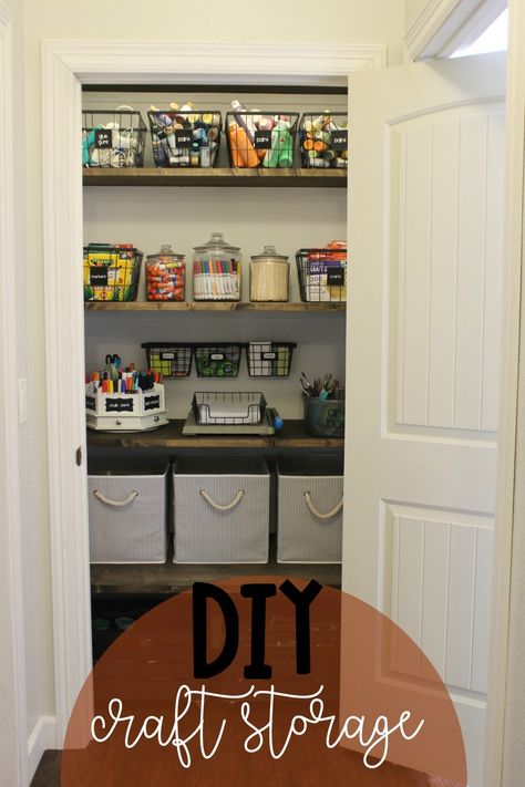 Ginger Snap Crafts: Turn a Coat Closet into Craft Storage {tutorial} Closet Repurpose Ideas, Closet Craft Storage, Sewing Space Ideas, Closet Office Ideas, Craft Storage Closet, Kids Organization Ideas, Color Organization, Farmhouse Closet, Closet Storage Solutions