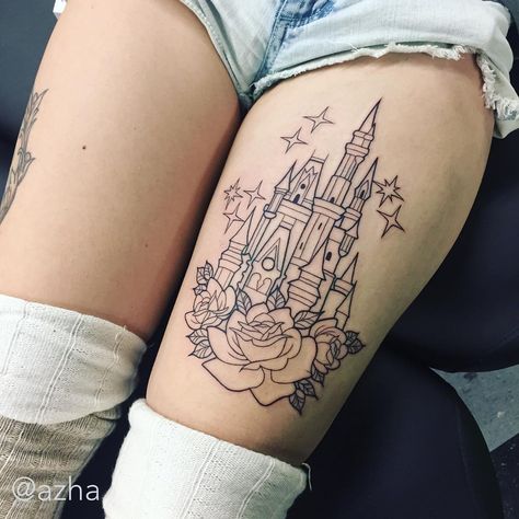 Started this tonight on @larsongraham and now we're homesick 💔🏰 #disneyworld #cinderellacastle Disneyland Tattoo, Disney Thigh Tattoo, Disney Castle Tattoo, Hand Tatto, Learn To Tattoo, Castle Tattoo, Nerd Tattoo, Work Tattoo, Cloud Tattoo