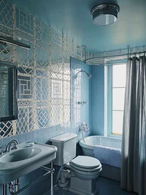 Inside David Harbour and Lily Allen’s “Weird and Wonderful” Brooklyn Town House | Architectural Digest Baby Blue Bathroom Ideas, Blue Restroom, David Harbour And Lily Allen, Baby Blue Bathroom, Ann Sacks Backsplash, Retro Blue Bathroom, Ny Townhouse, Billy Cotton, White Toilet